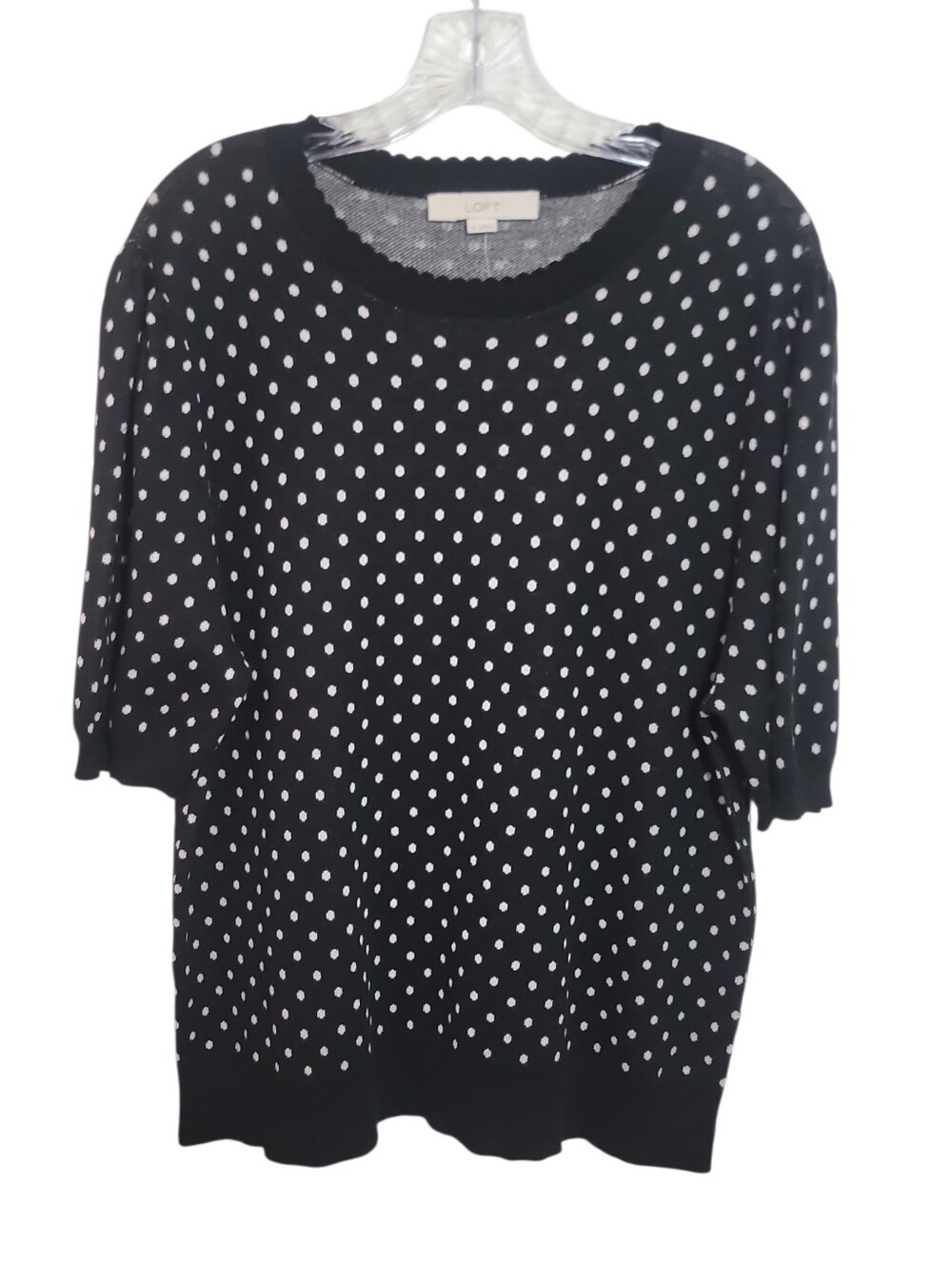Loft black white polka dot short sleeve sweater women's size XL crew neck